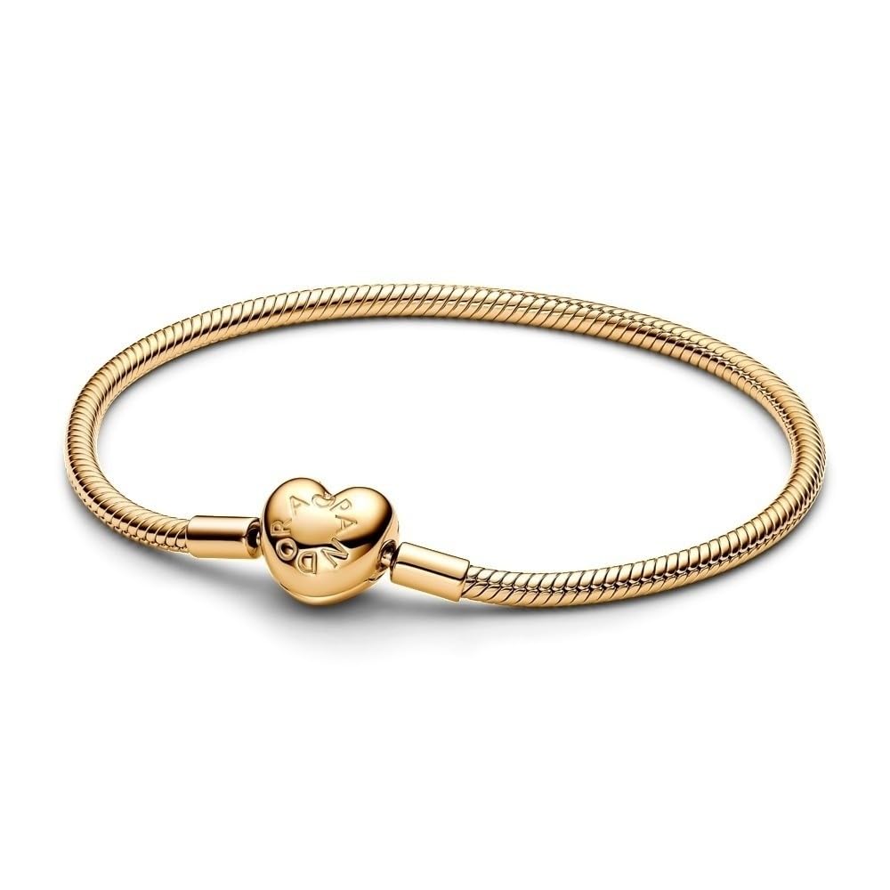 Pandora Moments Schlangen-Gliederarmband mit Herz-Verschluss aus Sterling Silber mit vergoldeter Metalllegierung, Kompatibel mit Pandora Moments, Größe:17, 563050C00-17