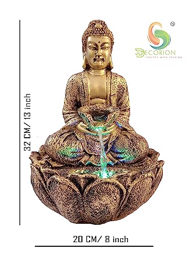 Image of Decorative Table Top Water Fountain for Home Decor /Office /Indoor & Outdoor /Garden /Puja Room /Vaastu with Multicolor LED Light and Adjustable Water Pump (Gold-D-034)