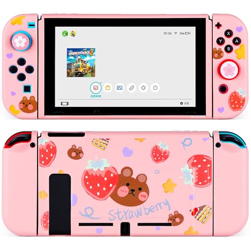 Tscope Cute Protective Cover for Nintendo Switch, Dockable Soft Shell Shockproof Case Joy Con Skin with Strawberry Bear Pattern, & Thumb Caps, Anti-Scratch
