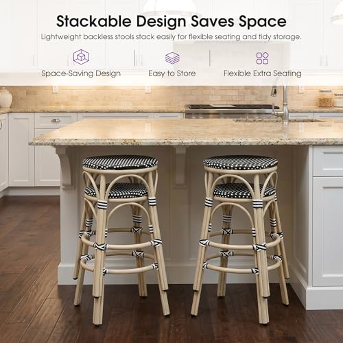 Image of PURPLE LEAF French Outdoor Round Bar Stool Set of 2 Bar Chairs 30 inch Handwoven Wicker Rattan Backless Stackable White Print Aluminum Frame for Patio Garden Cafe Backyard Poolside Black