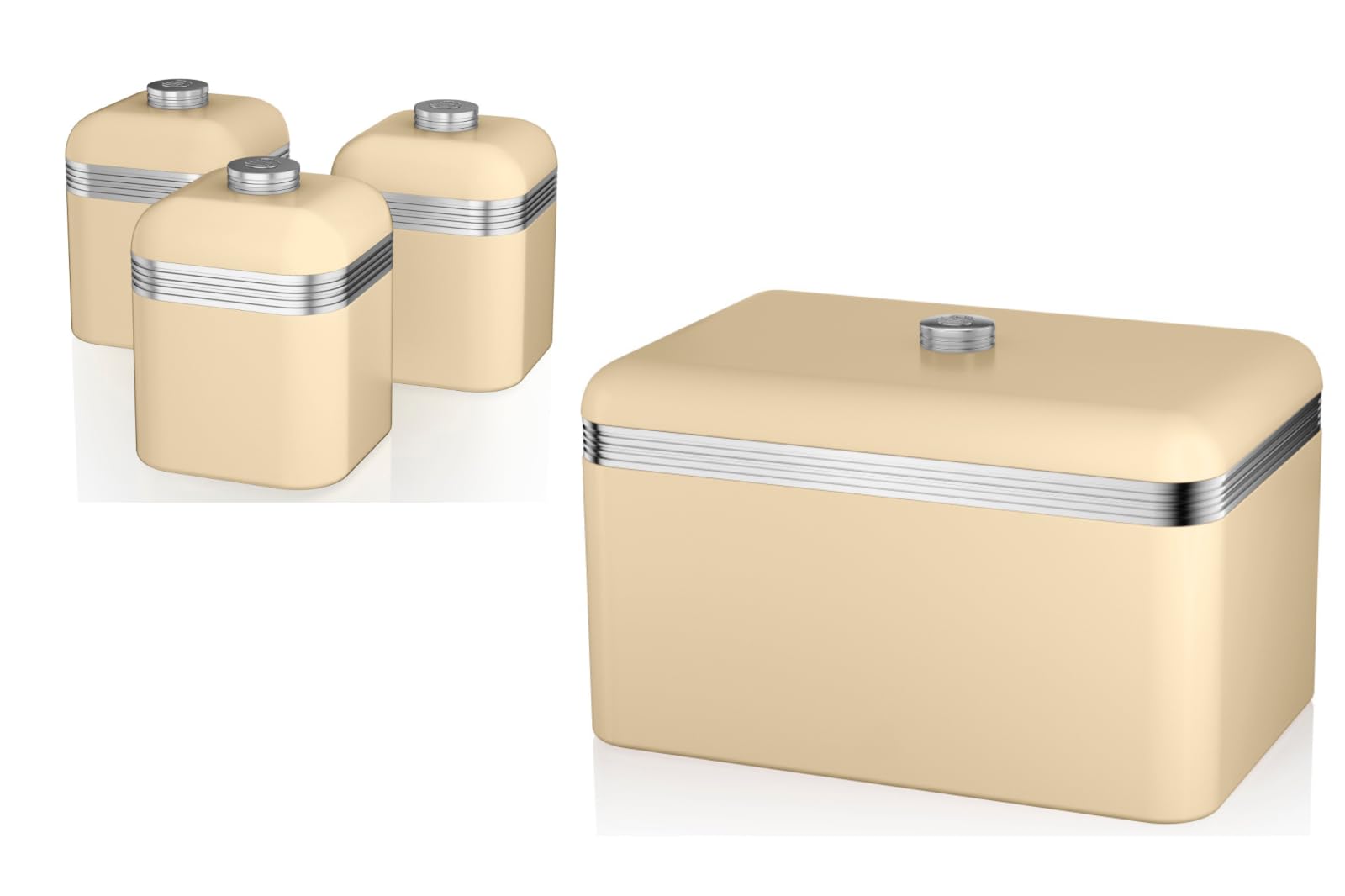 Swan Cream Retro Bread Bin And Tea, Coffee, Sugar Canisters. Matching Retro Design Kitchen Storage Set In