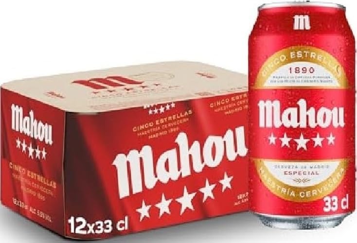 Mahou 5 Estrellas, Cerveza Lager Dorada, Pack 12 Latas x 33cl
