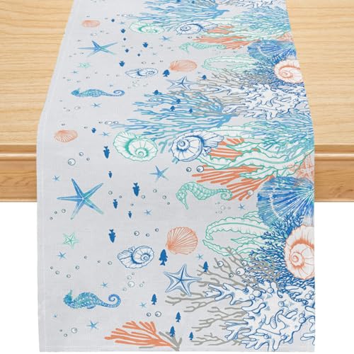 Image of Coastal Beach Table Runner, Watercolor Starfish Seashell Coral Pattern Faux Linen, Nautical Ocean Dining Decor for Summer Home Party 13x120 Inch