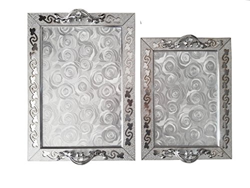 GTC® Serving Tray Set of 2 for Dining Tableware, Table Decor, Kitchen Serveware Dining Accessory, Breakfast Coffee Table Tray, Butler Serving Tray – (Set of 2 – Large, Medium) (Silver) A5-37