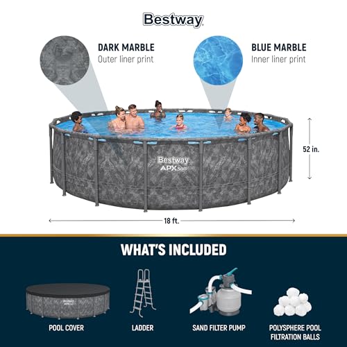 Bestway APX 365 18' x 52" Round Above Ground Swimming Pool Outdoor Backyard Framed Pool Set with Sand Filter Pump, Ladder, and Cover, Dark Marble