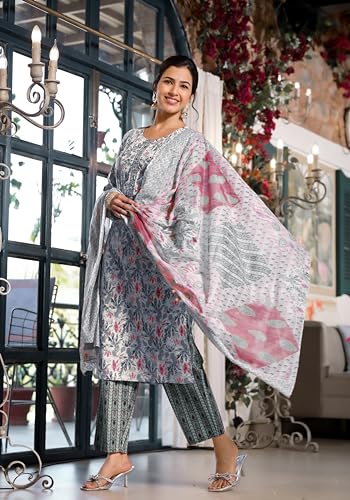 Image of MIRCHI FASHION Women's Straight Fit Pure Cotton Jaipuri Floral Printed Sequins Thread Work Kurta Set with Dupatta and Trouser
