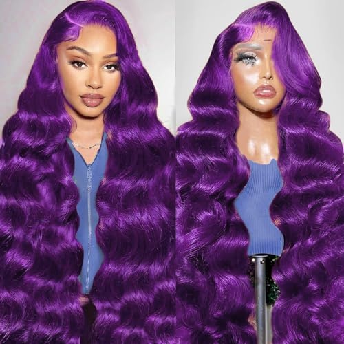 Goldfinch Grape Purple Wig Human Hair 13x6 Lace Frontal Dark Purple Hair Wig Body Wave 180% Density Glueless HD Transparent Burgundy Lace Front Wigs 20 Inch