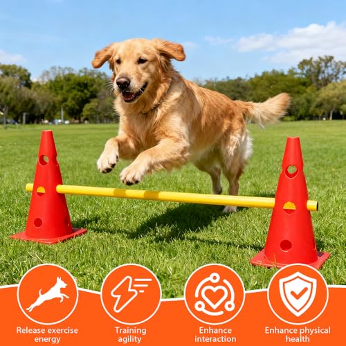 Weciau Steckhürdenset, Agility Set Hunde mit 8 Kegel(32cm) + 4 Stangen(80cm), Cavaletti Hund für Koordinationstraining, Pylonen Hundetraining, Einstellbare Trainingshürden für Hunde Teamsport Fussball