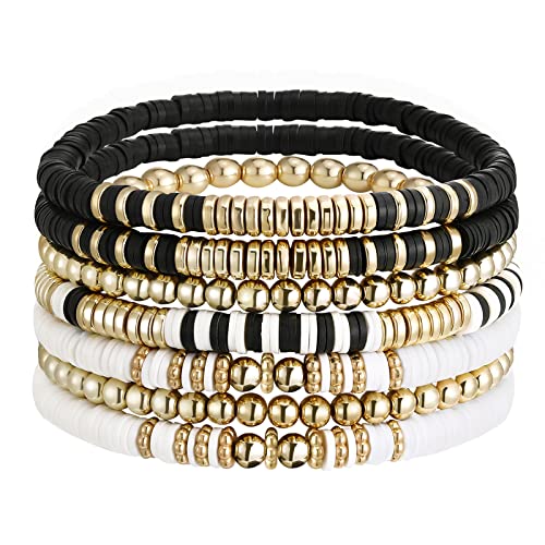 Emibele Heishi Bracelets pour Femmes, 7 Pièces Chaînes de Poignet en Plastique, Bracelets de Surfeur Élastiques avec des Perles Délicates, Accessoires de Bijoux pour Plages d'Été, 19 cm, Coloré D Cover