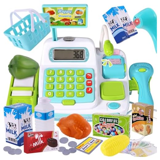 BUYGER 34 Pcs Caja Registradora Juguetes para Niños con Electrónica Escáner Calculadora, Máquina Registradora con Micrófono, Tienda Supermercado Comida Regalo para Niñas Niños 3 4 5 Años