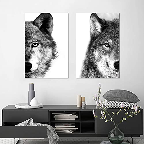 Black White Wolf Wall Art: Rustic Wildlife Canvas Modern Gray Wild Animal Portrait Picture Western Prints Watchful Sharp Eye Painting 2 Pieces Farmhouse Artwork For Bedroom Living Room Home Office #TOP3