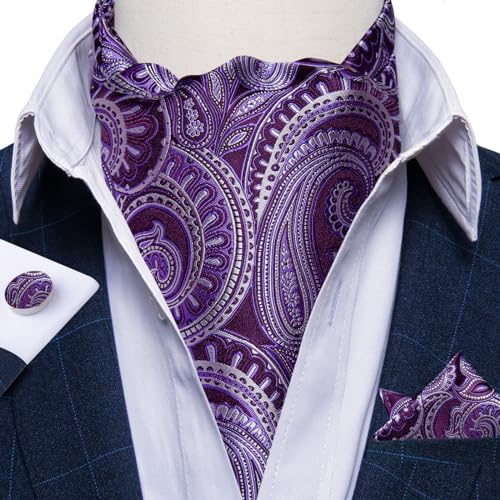 Image of DiBanGu Mens Silk Ascot Ties Paisley Jacquard Woven Cravat and Pocket Square Cufflinks with Lapel Pin for Business Wedding