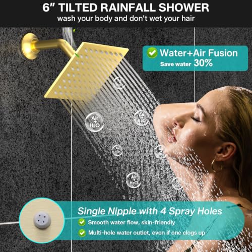 Sistema de ducha LED dual ENGA, ducha de lluvia grande de 14" x 20" + ducha de pared de 6", 4 chorros corporales con encendido/apagado individual y presión ajustable del agua, juego de grifería de ducha de lluvia, dorado cepillado miniatura 5