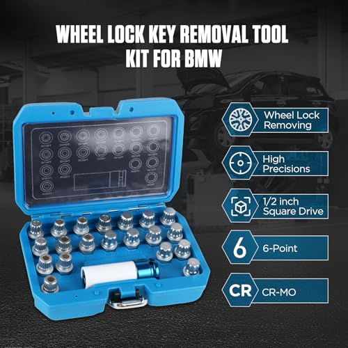 Image of 21Pcs Wheel Lock Removal Kit, BMW Wheel Lock Key Set with 1 /2 inch Socket Adapter, BMW Lug Nut Key, Anti-Theft Screw Remover for Removing and Locking