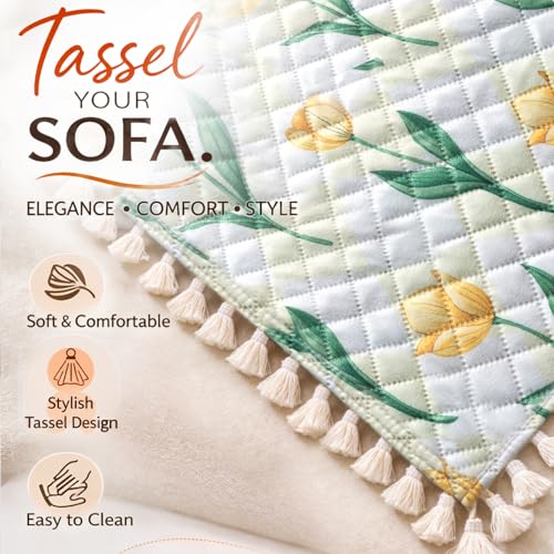 Image of HOKIPO Tulip Blossom Quilted Sofa Cover 5 Seater with Tassels Set - Sofa Cover for Seat & Back | 'Tassel Twigs' Series (IN-991-T4 + IN-989-T4)