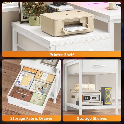 Image of DurayLoly 56 Inch White Computer Desk with Printer Shelf, Power Outlet & LED Lights, Reversible Office Desk with Drawers & Hooks for Headphone, Bags for Bedroom,Dorm,Teens Study Room,White