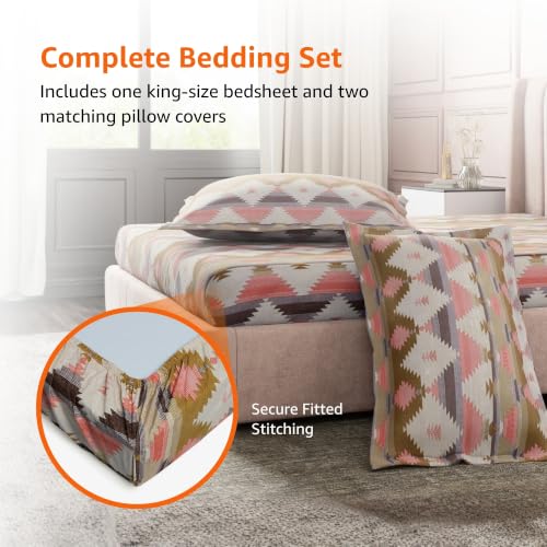 Image of Amazon Basics - 100% Cotton Fitted Bedsheet | 200TC |Fitted King Bed Sheet with 2 Pillow Cover|Soft Cotton | Geometric Print | 78 Inch x 72 Inch - 8 Inch Drop, Grey