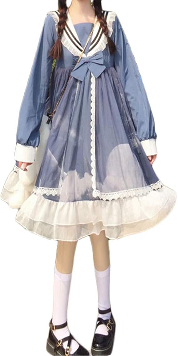 Amazon Co Jp バンプー ワンピース ロリータ 半袖 長袖 セーラー襟 ドレス 洋服 ロリータ服 お姫様 学院風 膝丈 シンプル 森ガール かわいい きれいめ ブルー長袖f ファッション