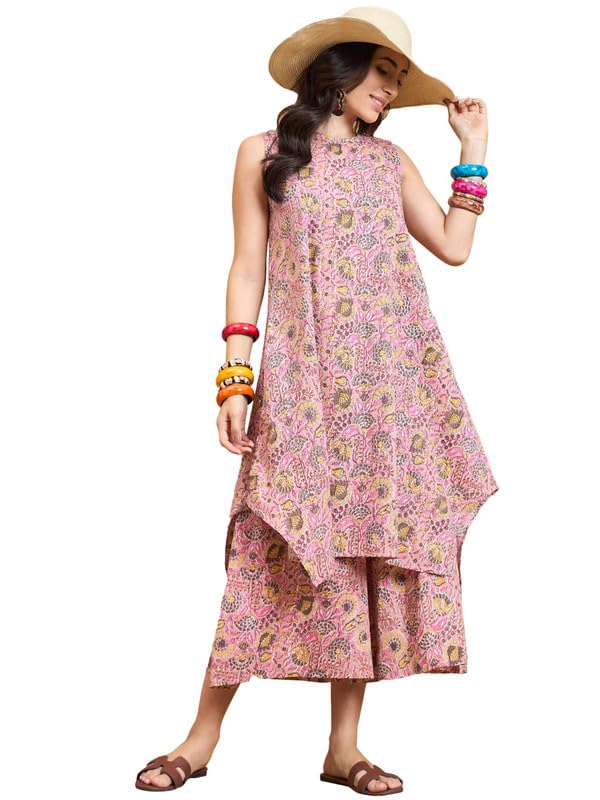 InWeave PESTAL PINK KANTHA FLORAL JAAL SHORT PALAZZO SET
