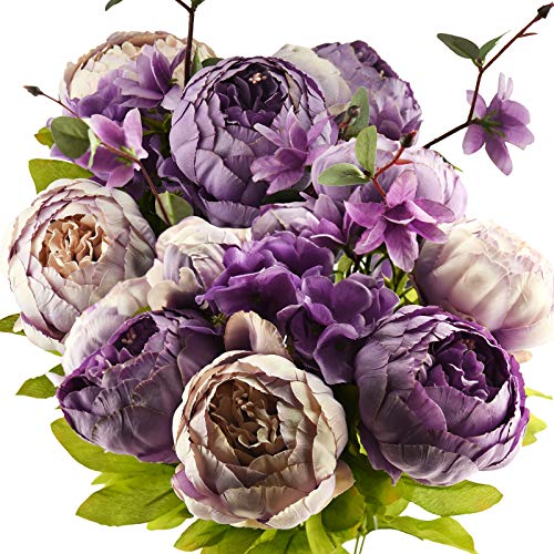 Image of FiveSeasonStuff Dusty Purple & Greenery Accents Artificial Peony Bouquet, Two Coordinating Faux Silk Flower Bundles with Hydrangeas