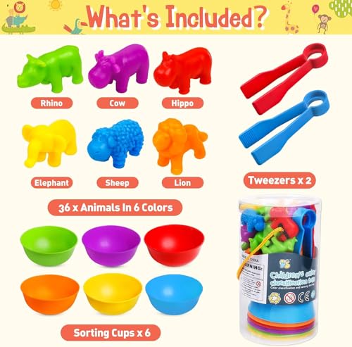 Image of Counting Animals Game Color Sorting Toys with Bowls Montessori STEM Sensory Training Early Educational Preschool Learning Toy Gift for Toddlers Kids Ages 3 4 5 6 (Animals)