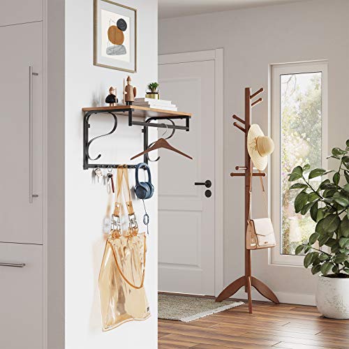 VASAGLE wandrek met 5 haken en plank, industrieel ontwerp, haakrail met ophangbeugel, voor hal, slaapkamer, badkamer en… - Image 3