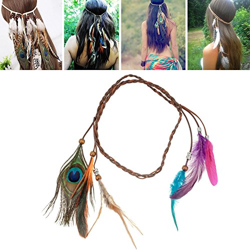 Charming Hippy Style Hair Band/Headband/Hairstyle Decoration With Brown Braided Rope And 6 Colorful Real Feathers Decorations/Dangles/Pendants By VAGA