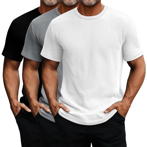 Ficerd 3 Pack Men's Short Sleeve Waffle Knit Shirts, Casual Textured Crew Neck Summer T-Shirts Lightweight Solid Pullover Tee