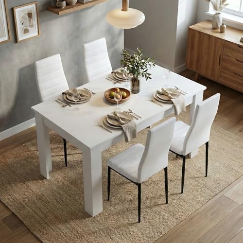 Blisswood Dining Table and 4 Chair Set, PU Leather Chairs, 17mm Thick Table Tabletop 120x80 cm, kitchen table, Modern Design Wooden dining Table Set for Home furniture (White, White Chair)