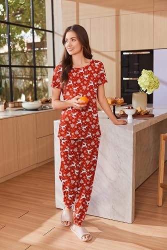 Image of Ekouaer Womens Pajama Sets Short Sleeve Lounge Sets for Women Printed Jogger Pajama Set 2 Piece Pj Sets With Pockets S-XXL