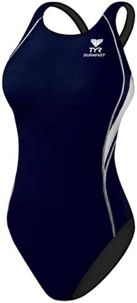 TYR Sport Girls Alliance Durafast Splice Maxback Swim Suit (Navy/White, 26)