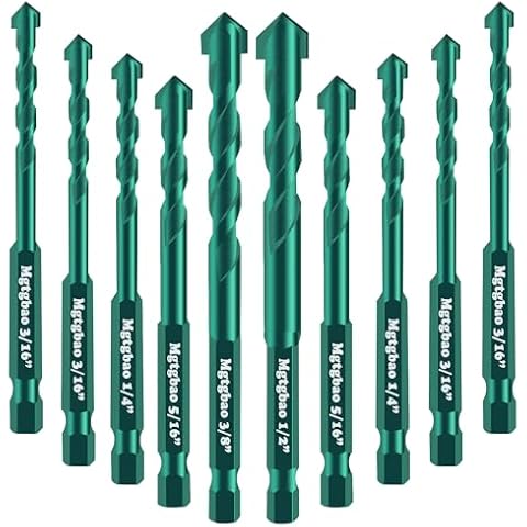 10pcs Green Concrete Drill Bit Set, Mgtgbao Masonry Drill Bit Tile Drill Bits Carbide Tip for Glass, Brick, Tile, Concrete, Plastic,Ceramic and Wood with Size 5/32”to 1/2” Cover