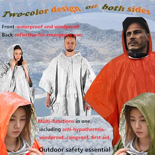 Image of 4X Surviv`al Gear kit, Emergency Poncho (2pc), Emergency Space Blanket (2pc), Mylar Liner - Retains 92% Body Heat, Outdoors, Hiking, Camping, Bug Out Bag, Marathons or First Aid, Car (G + O)