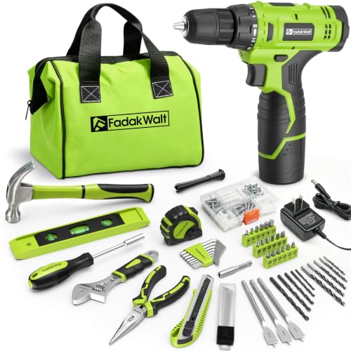 Image of FADAKWALT 12V Cordless Drill Driver Set, 179 Pieces Power Tool Kit with Battery & Charger, 3 /8 inch Keyless Chuck, 21+1 Torque, 180 In-lbs Torque, LED Work Light, Portable Storage Bag(Green)