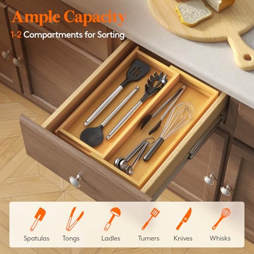 Image of Lifewit Bamboo Kitchen Drawer Organizer, Cooking Utensil Silverware Tray