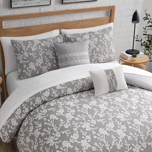 Lucky Brand Fiora Floral Grey Comforter Set with Pillows - Full/Queen Size - 5 Piece Luxurious Bedding Ensemble