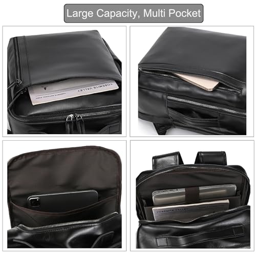 LUUFAN Genuine Leather Shoulder Bag for Men, Casual Backpack Laptop Rucksack Business Daypack Travel Outdoor Bag, Black — view 4