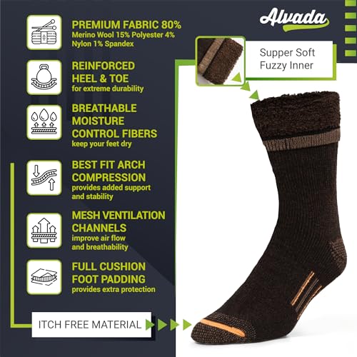 Image of Alvada Merino Wool Hiking Socks Thermal Warm Crew Winter Boot Sock For Men & Women 3 Pairs