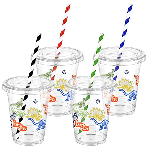 Meanplan 50 Sets Dinosaur Cups for Kids 12 oz Disposable Plastic Cups with Lids and Straws Dinosaur Party Decorations Dino Theme Party Favors for Kids Birthday Table Decor
