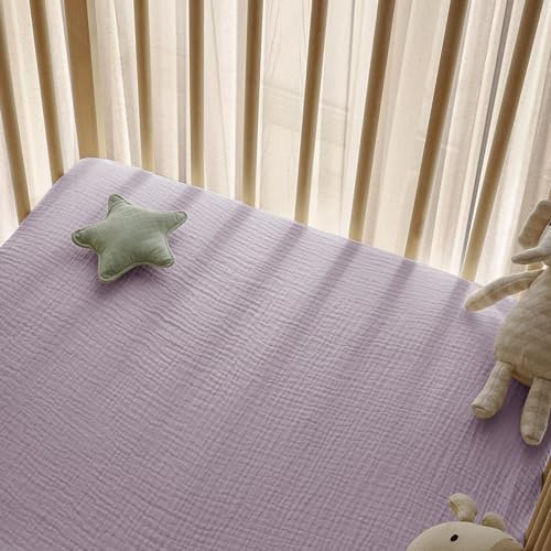 Image of Little Grape Land Muslin Crib Sheets Fitted for Boys and Girls 2 Pack, 100% Cotton Baby Bed Sheets Soft Breathable, Neutral Fitted Baby Mattress Sheets for Standard Crib 52x28 inches, Purple Butterfly