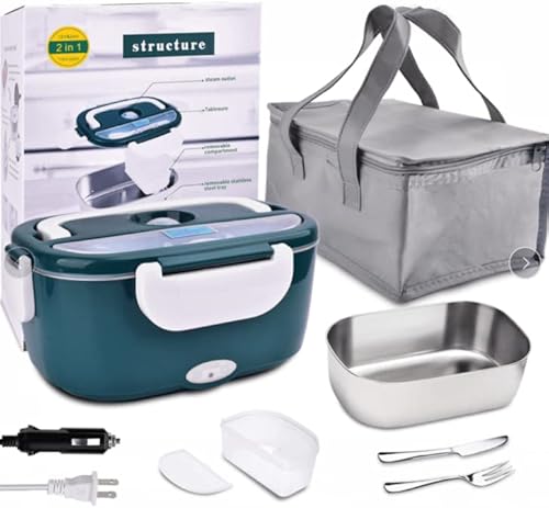 COROTC Electric Lunch Box,1.5L 3 In 1 Portable Food Warmer Lunch Box For Car And Home, 12v 24v & 110v Heated Lunch Box Includes Removable 304 Stainless Steel Tray Spoon & Fork And Carry Bag¡­