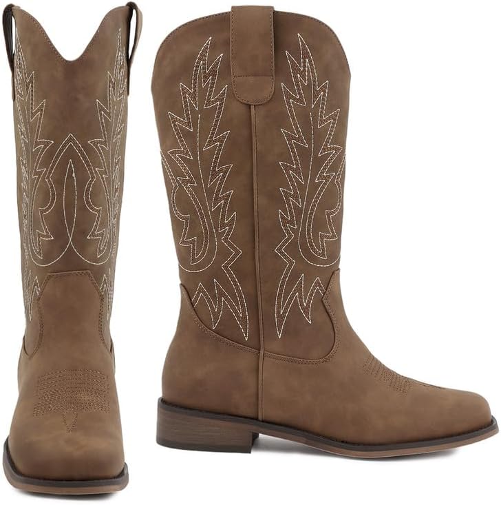 FancyQueen Cowboy Boots for Women - Square Toe Cowgirl Boots, Mid Calf Western Boots with Embroidery, Pull On Chunky Heel for Daily Wear - Image 6
