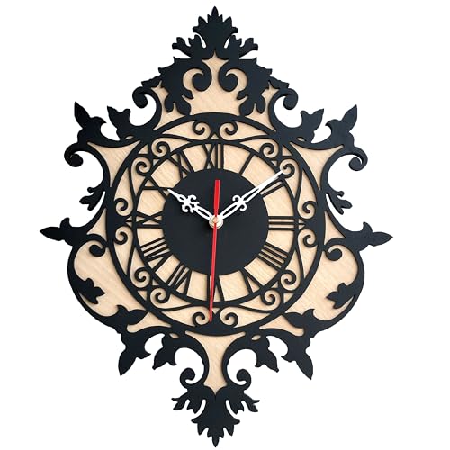 Image of Antique Geometric Design Handmade Wood Wall Clock, Big Size Modern Wall Clock for Home Decor (Black, and Rose Wood) Size 30Cm X 39Cm, MBCL01