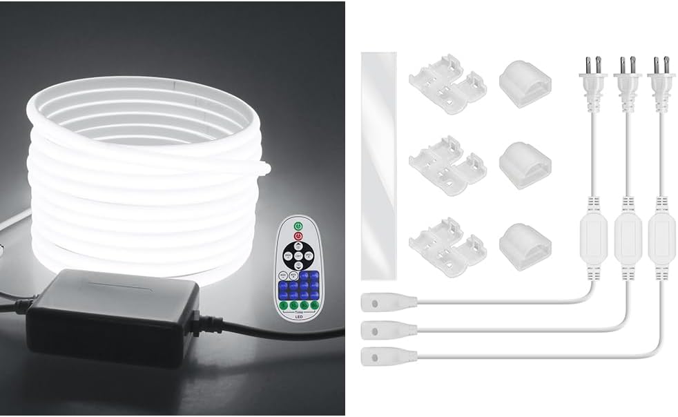 32.8FT Outdoor LED Rope Light Waterproof COB LED Strip Lights for Indoor 6000K Cold White+LED Strip Light Connector Kit Includes 3 Power Cable and Solderless Accessories