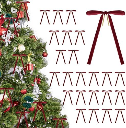 Der Rose 24Pcs Red Velvet Bows Burgundy Christmas Ornaments Ribbon Bows ...