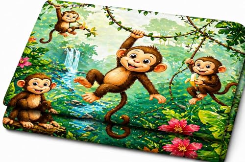 Image of RUMPS 7D Cartoon Monkey Printed Flat Bedsheet King Size 90x100 Inch with 2 Pillow Covers 16x26 Inch | Kids Cartoon Bedsheet | Soft Microfiber Double Bedsheet