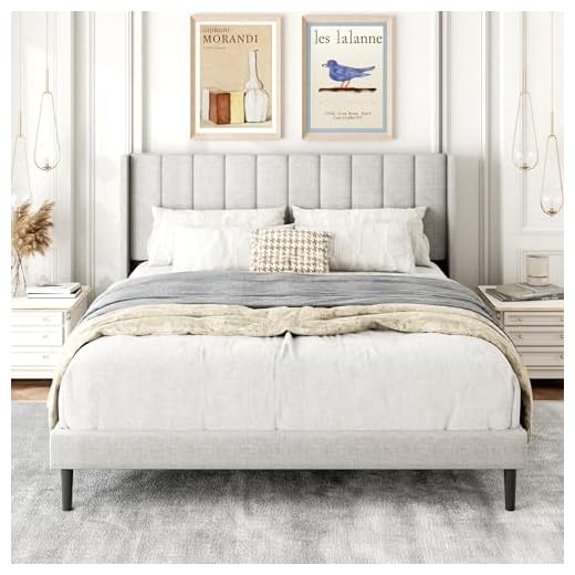 Gruwans Queen Size Bed Frame with Upholstered Wingback Headboard, Easy Assemnly Platform Bed, Wooden Slat Support No Box Spring Needed, Sand