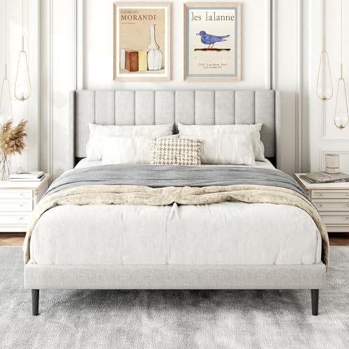 Gruwans Queen Size Bed Frame with Upholstered Wingback Headboard, Easy Assemnly Platform Bed, Wooden...