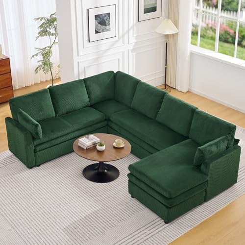 Image of 110 inch Sectional Couches with Right Chaise, Comfy Deep Dual-Layer Cushion Couch, 7 Seater U Shaped Couch, Modern Modular Sofa, Corduroy Sofas for Living Room, Apartment, Green
