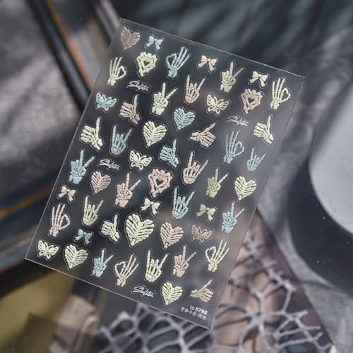Image of Human Skeleton Nail Stickers Luminous Fluorescent Nail Art Stickers 5D Embossed Self Adhesive with Bones of Hand Design Goth Nails Decals for Women Manicure Decoration
